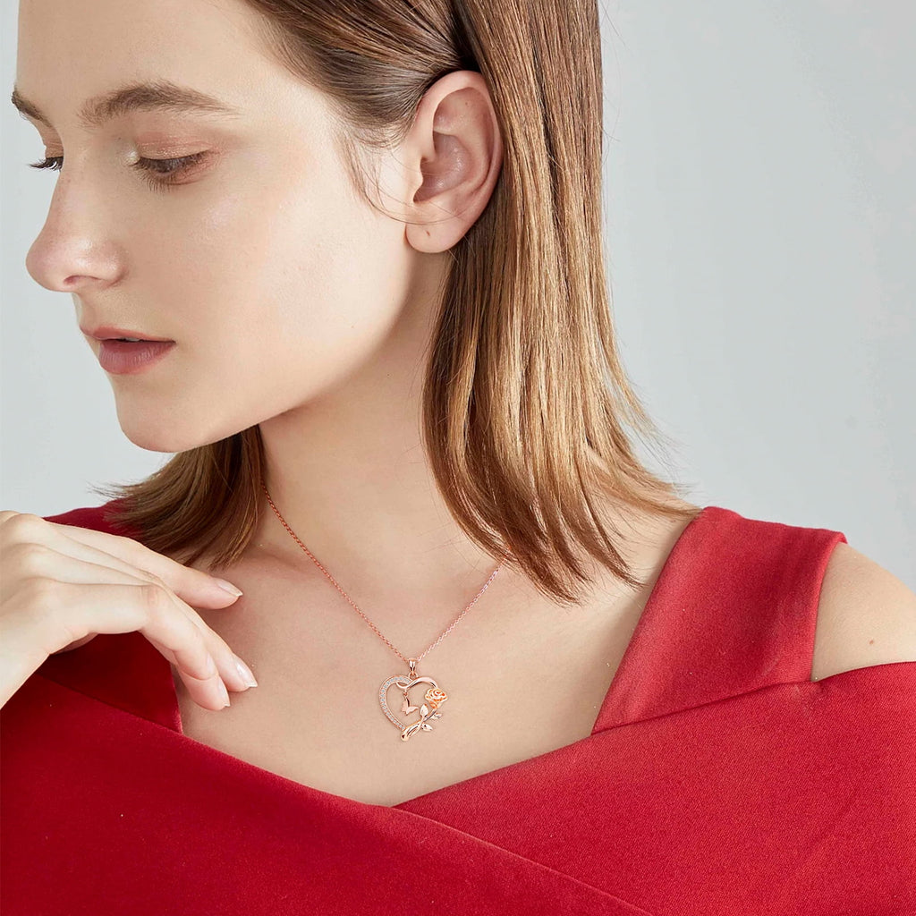 Heart Necklace for Women 14k Plated CZ Rose and Butterfly Jewelry for Women 's Day