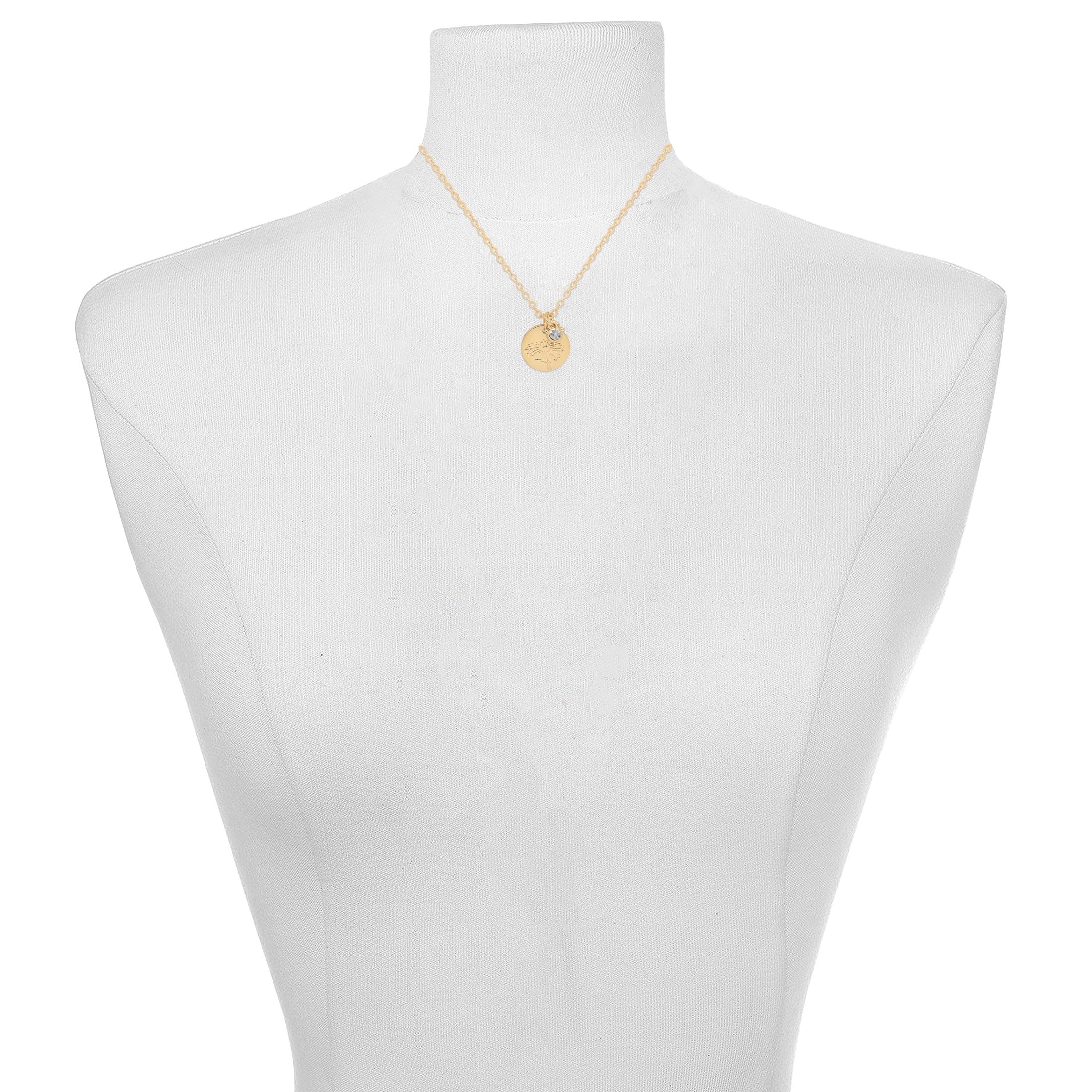 Women’s March Necklace, Tone Chain with Light Azure Stone &amp; Daffodil Flower