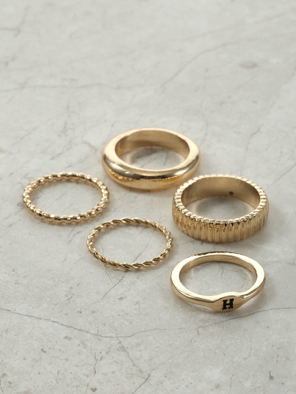 Goldtone Initial Ring Set, 5 Piece, Size 7, Initial J