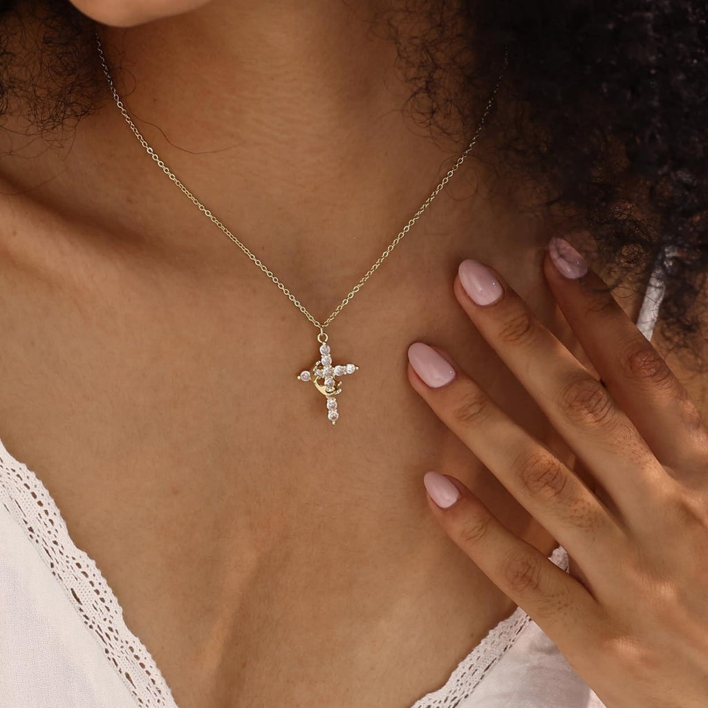14K Plated Zirconia Cross Pendant Necklace for Women with 925