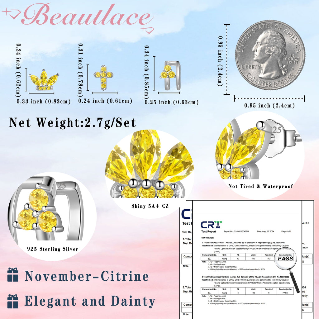 3 Pairs 925 Sterling Cross Earrings Set for Women, Flower Studs and Ear Cuffs Jewelry Set for Her