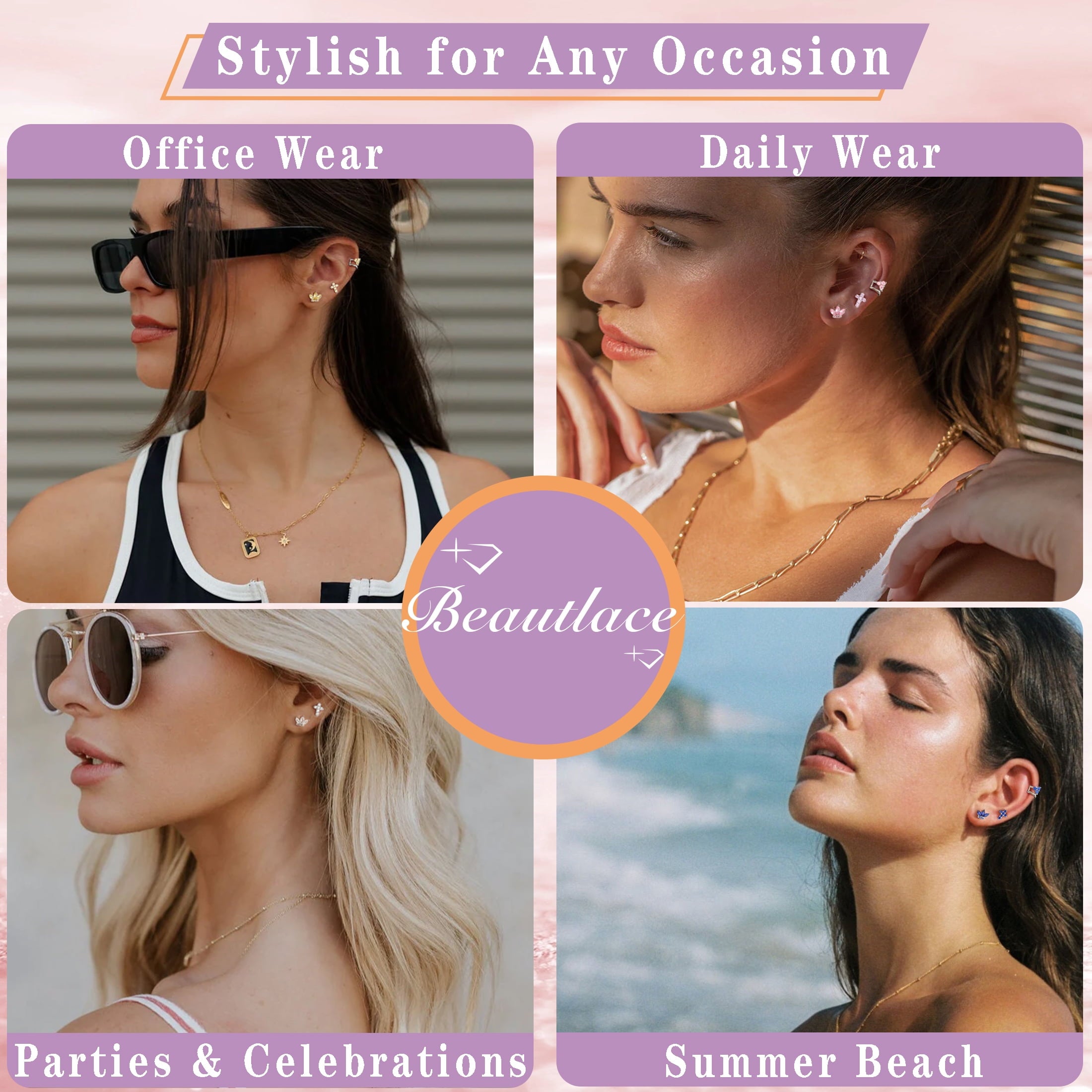 3 Pairs 925 Sterling Cross Earrings Set for Women, Flower Studs and Ear Cuffs Jewelry Set for Her