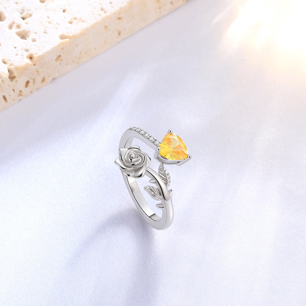 Rose Heart Ring,925 Sterling Adjustable Open Heart Rings Jewelry Gifts for Women Mom -December