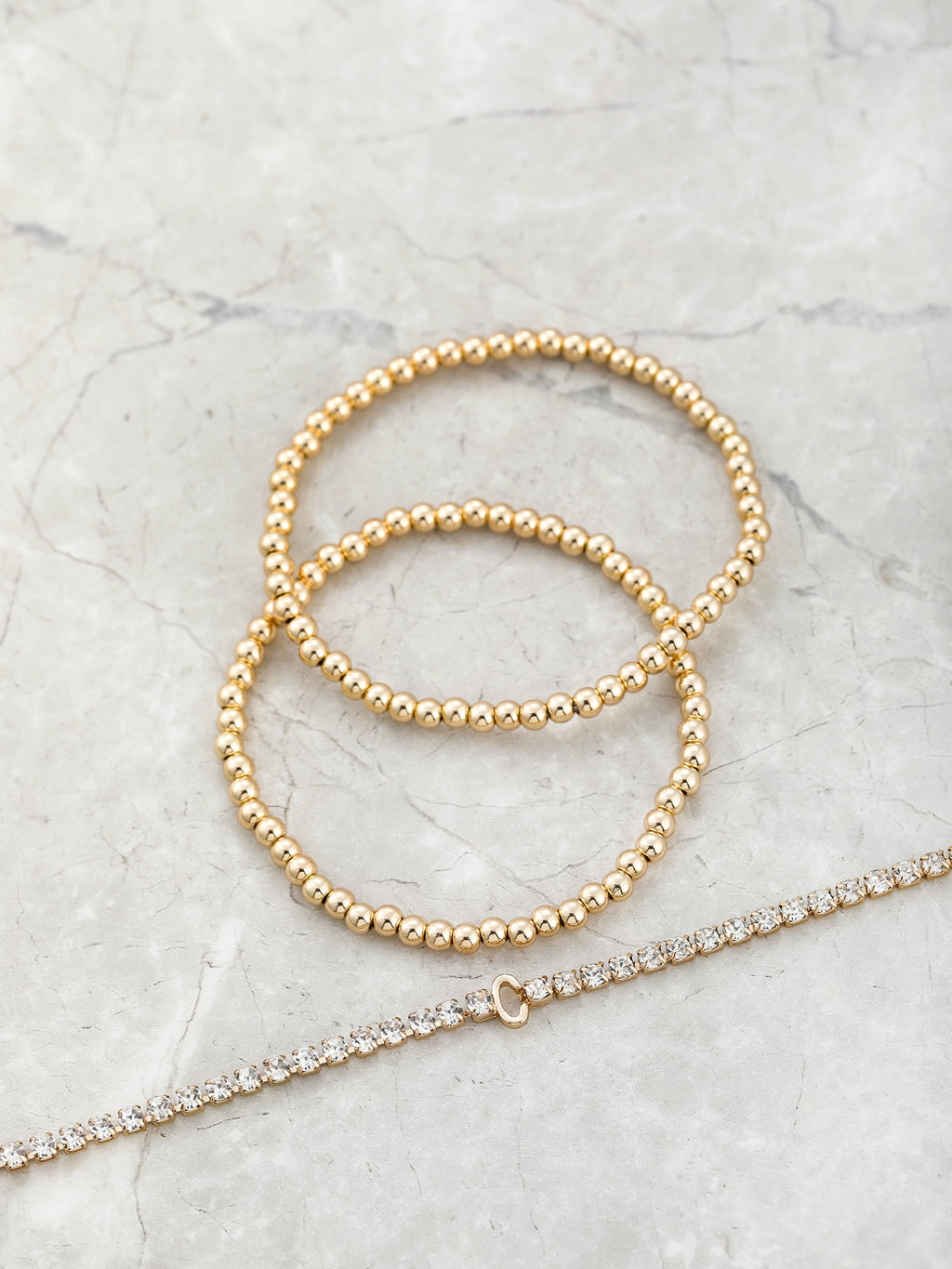 Goldtone and Crystal Beaded Stretch Bracelets, 3 Pieces, Initial Letter C