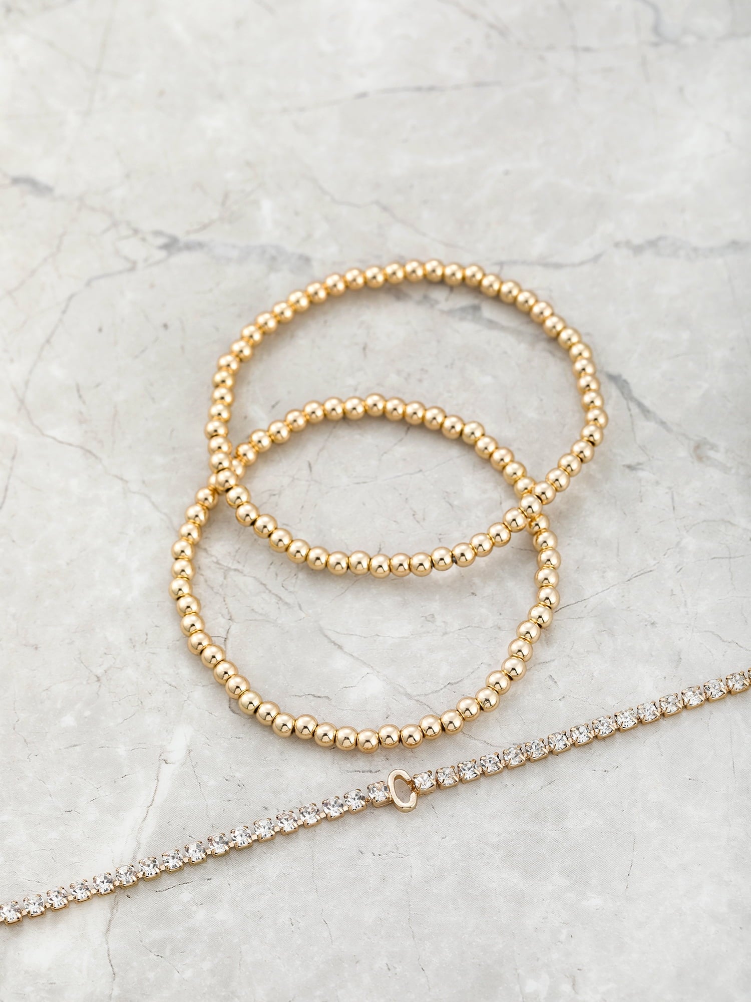 Goldtone and Crystal Beaded Stretch Bracelets, 3 Pieces, Initial Letter C