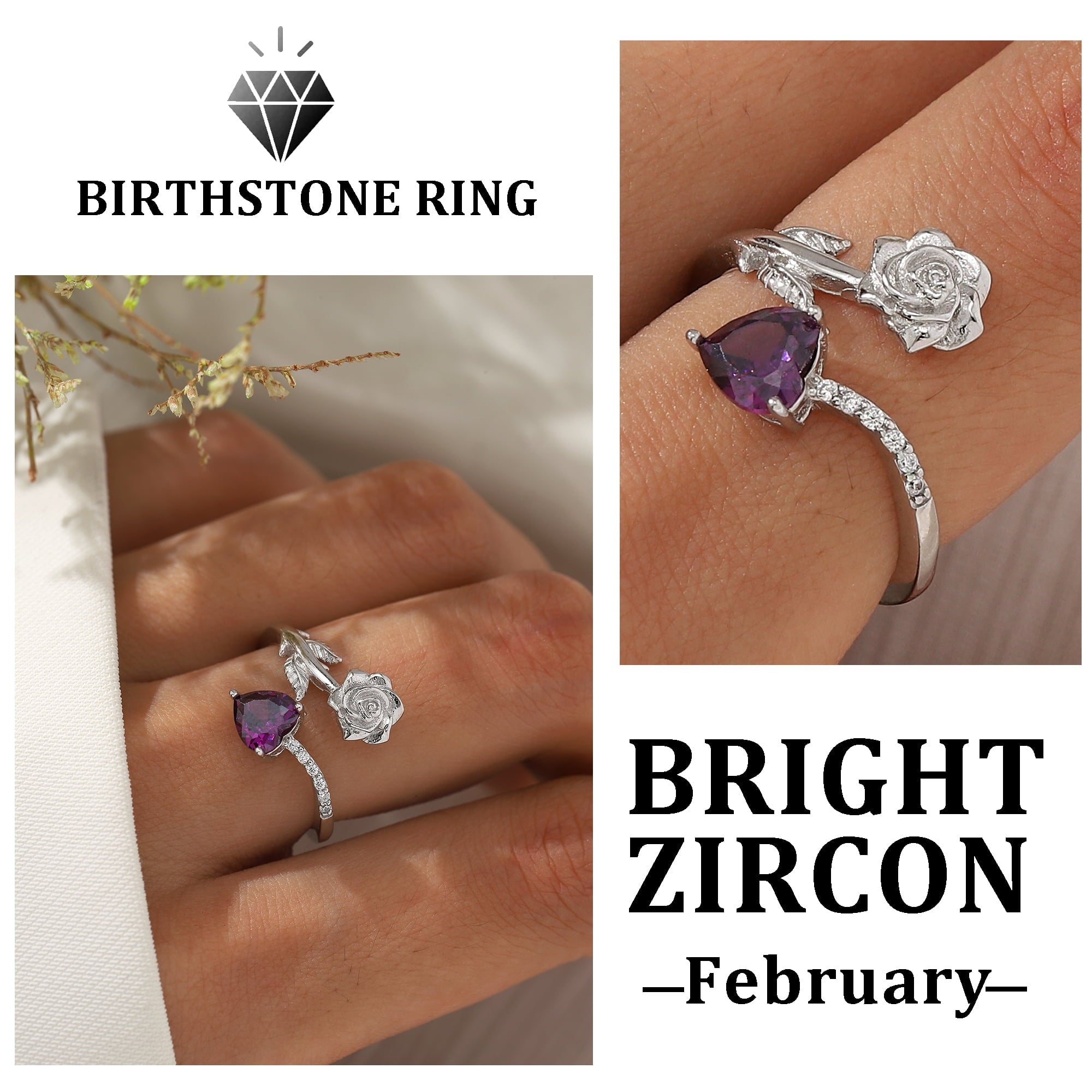 Rose Heart Ring,925 Sterling Adjustable Open Heart Rings Jewelry Gifts for Women Mom -December