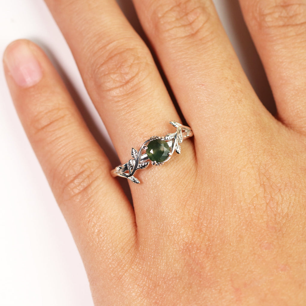 Nature Inspired 0.50 Green Moss Agate Solitaire Engagement Ring - Forest Ring - 18K White Plating for Women