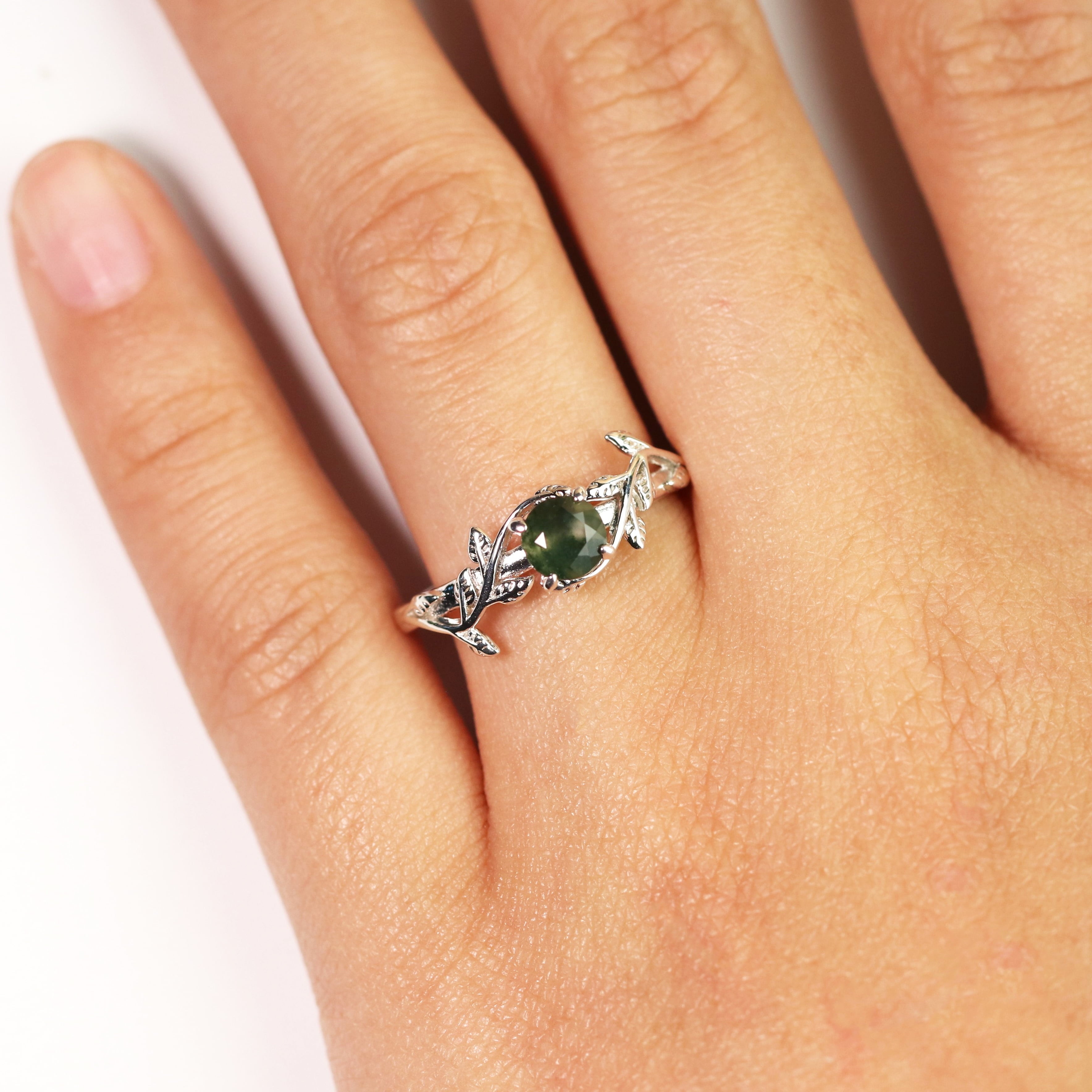 Nature Inspired 0.50 Green Moss Agate Solitaire Engagement Ring - Forest Ring - 18K White Plating for Women