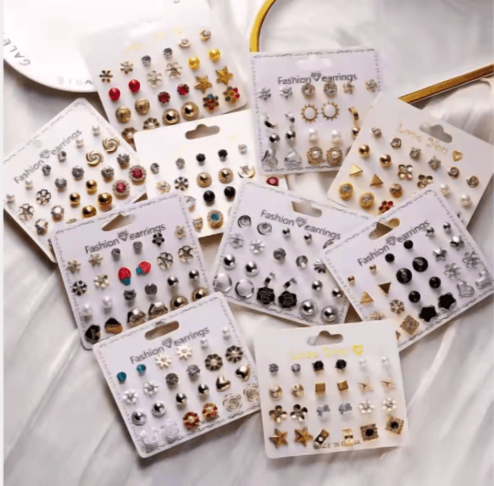 Mixed Shape Stud Earrings, Cubic Zirconia, 12 Pairs