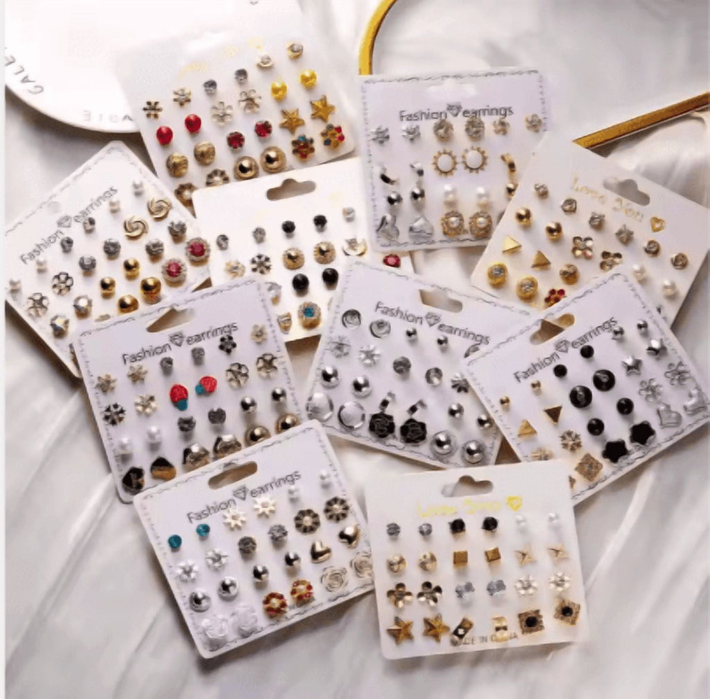 Mixed Shape Stud Earrings, Cubic Zirconia, 12 Pairs