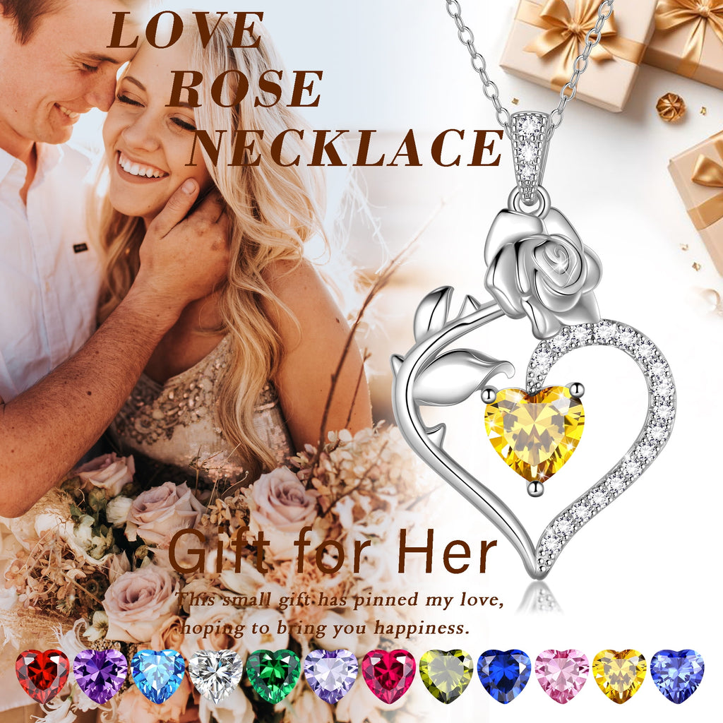 925 Sterling Necklace Rose Flower Heart Pendant Jewelry Valentines Gifts for Women Mom Wife/Lover