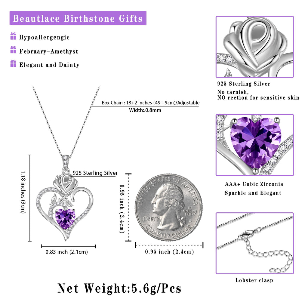 925 Sterling Necklace Rose Flower Heart Pendant Jewelry Valentines Gifts for Women Mom Wife/Lover