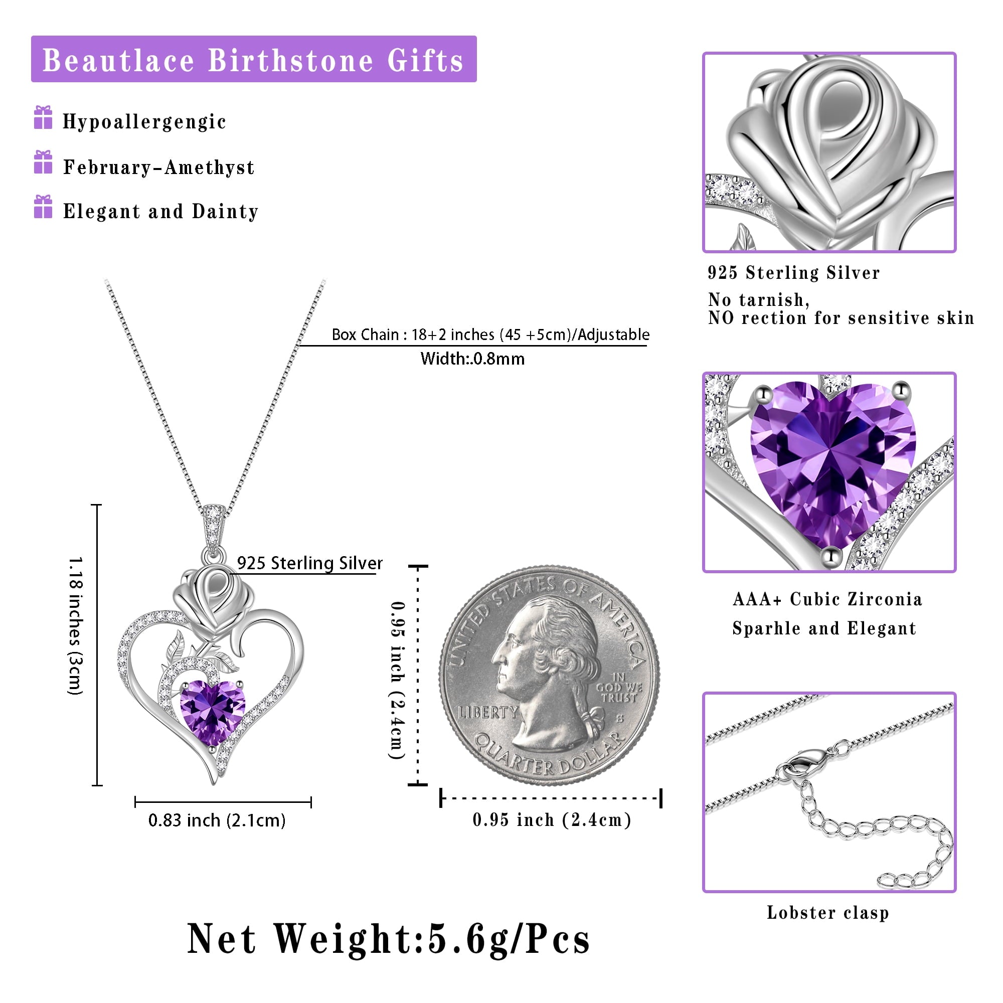 925 Sterling Necklace Rose Flower Heart Pendant Jewelry Valentines Gifts for Women Mom Wife/Lover
