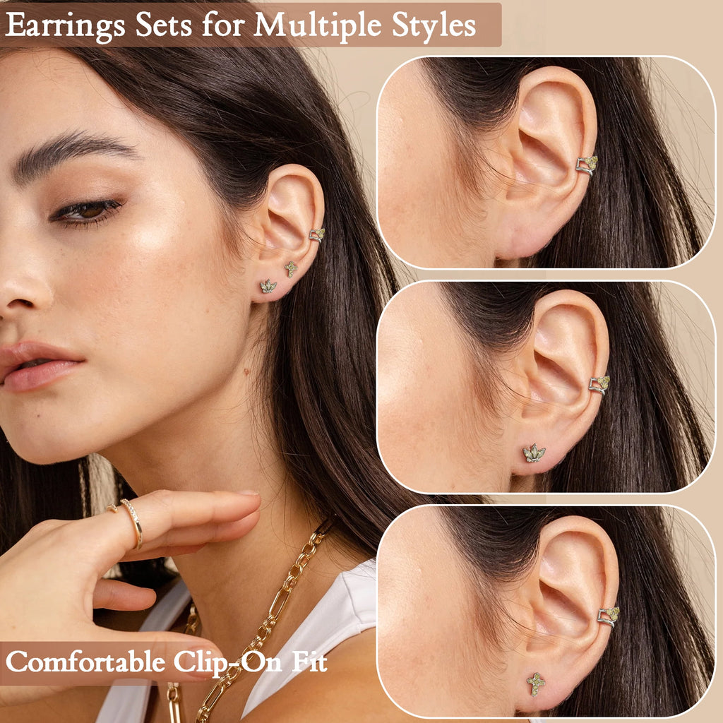3 Pairs 925 Sterling Cross Earrings Set for Women, Flower Studs and Ear Cuffs Jewelry Set for Her