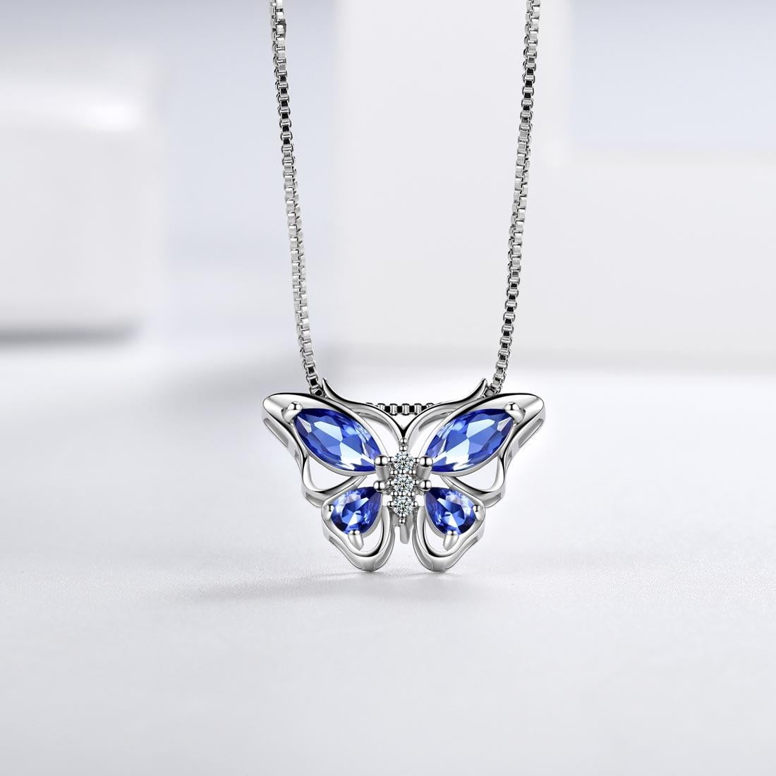 December Tanzanite Blue Butterfly Necklaces 925 Sterling Pendant Jewelry for Women Wife