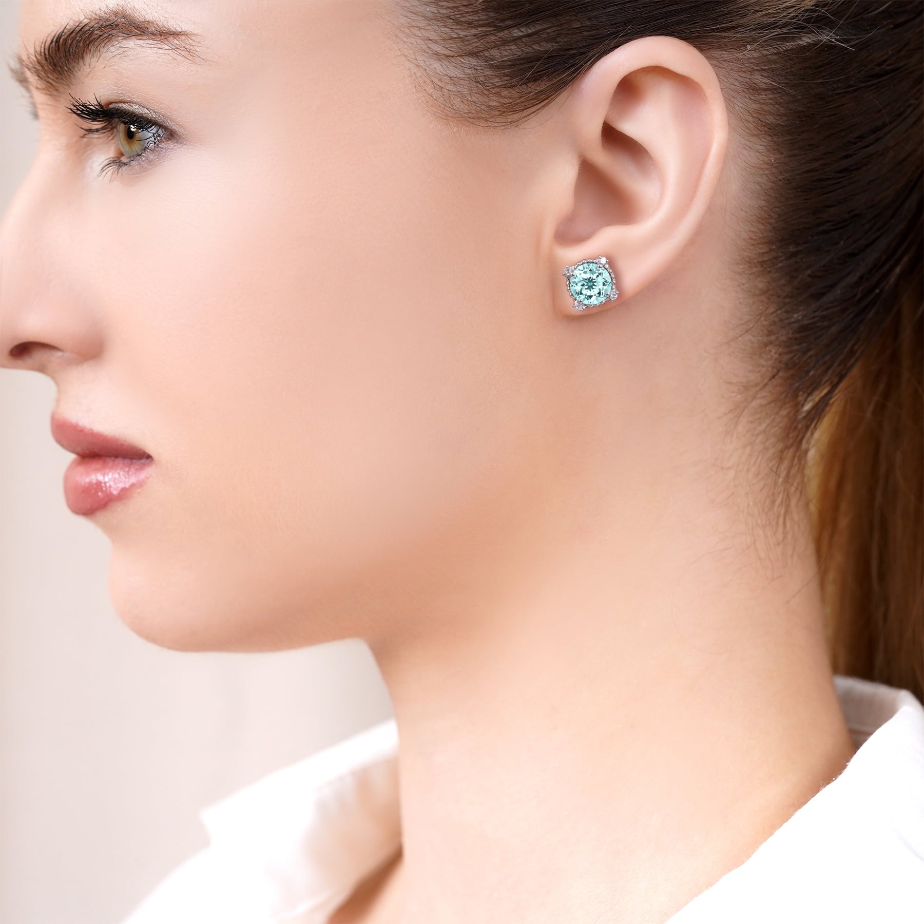3.5 Round Cut April Stud Earrings - Halo Milgrain Earrings in 18K White Plating for Women