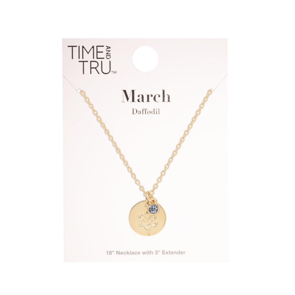 Women’s March Necklace, Tone Chain with Light Azure Stone &amp; Daffodil Flower