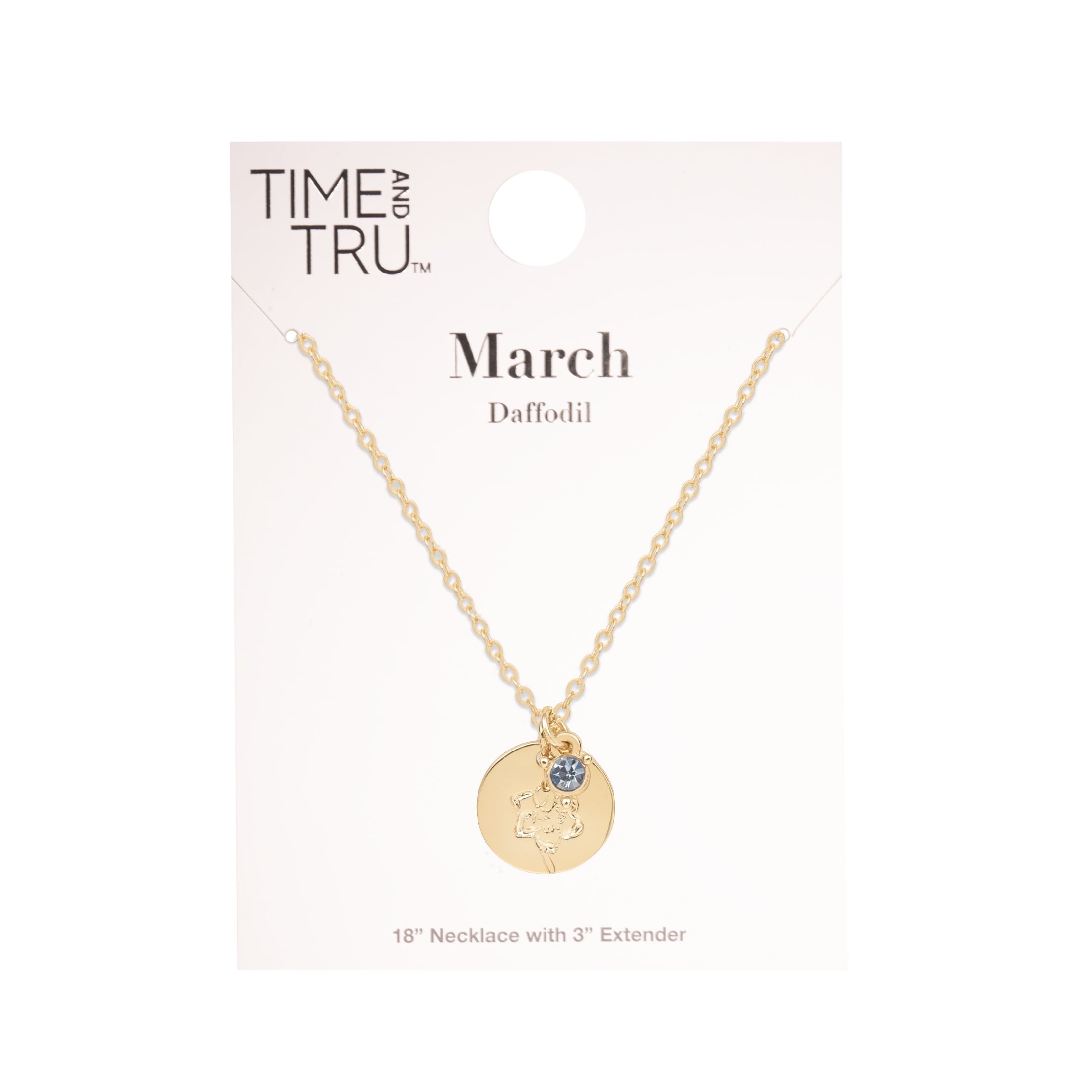 Women’s March Necklace, Tone Chain with Light Azure Stone &amp; Daffodil Flower