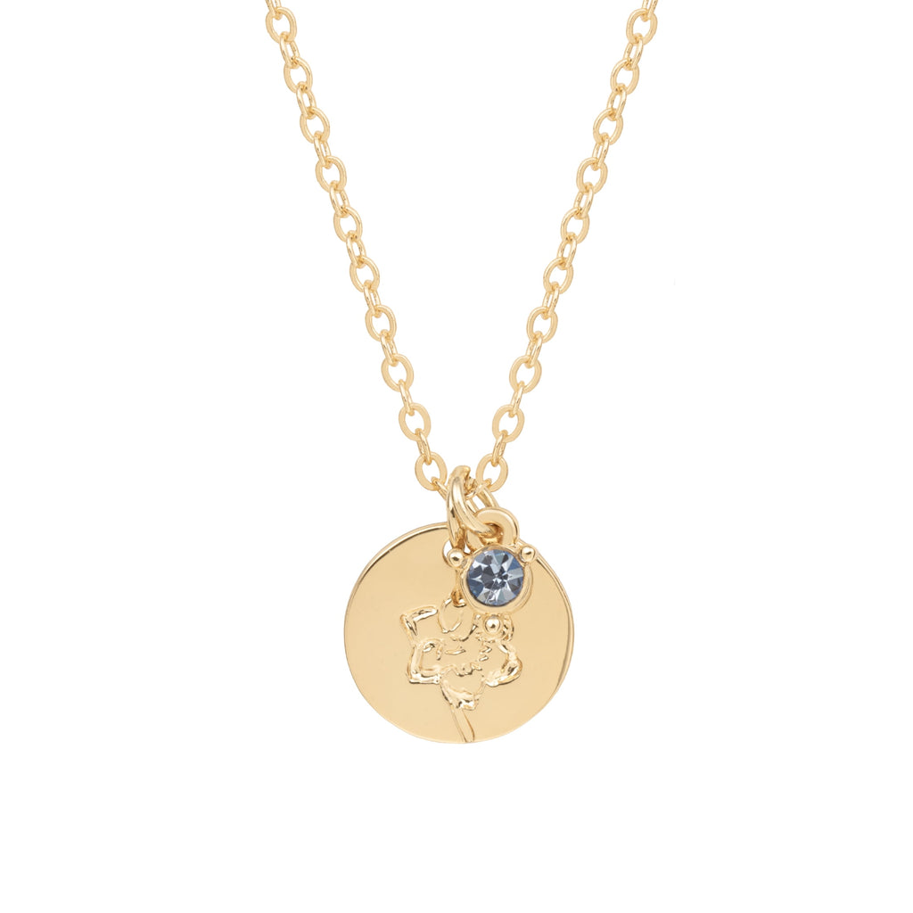 Women’s March Necklace, Tone Chain with Light Azure Stone &amp; Daffodil Flower