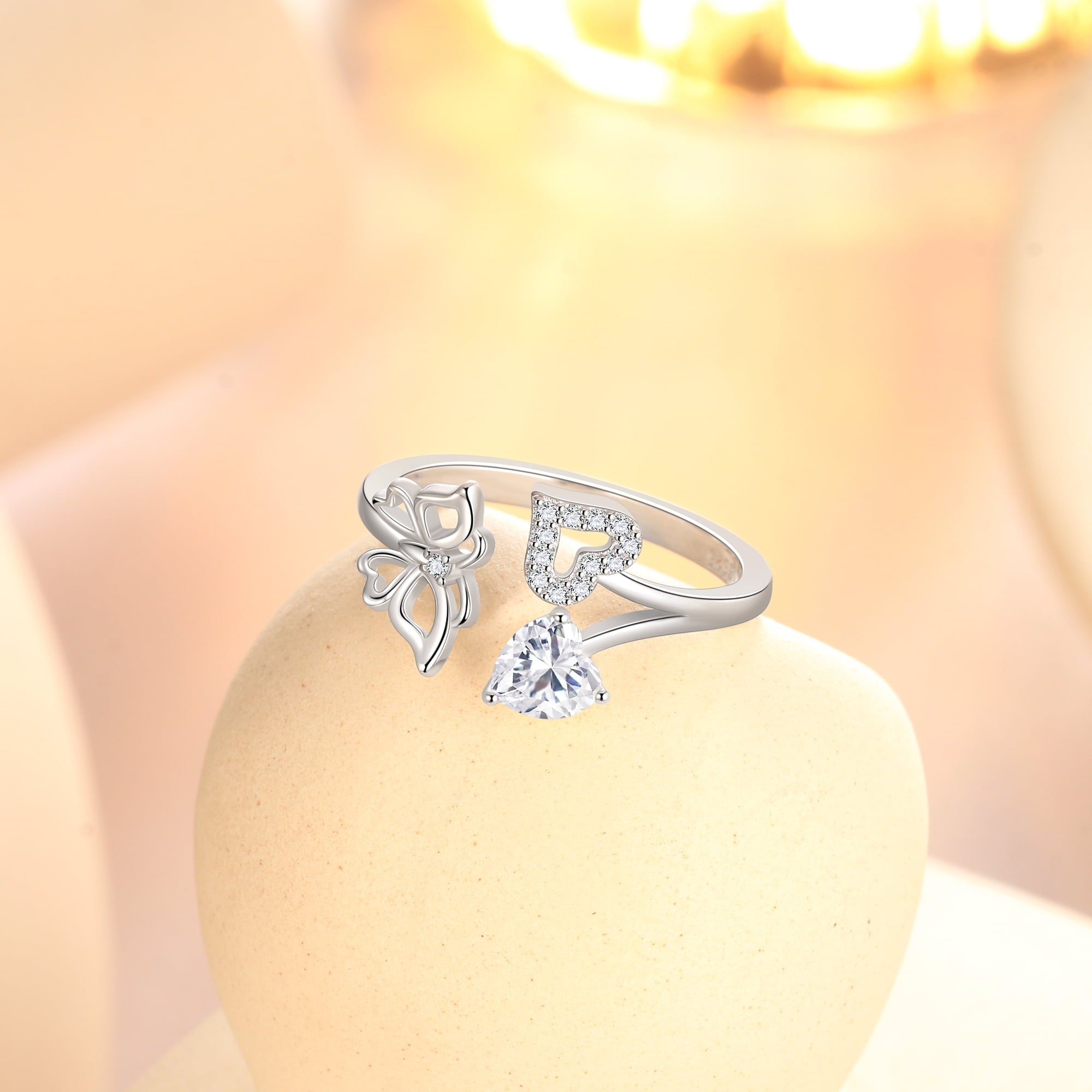 Rose Heart Ring,925 Sterling Adjustable Open Heart Rings Jewelry Gifts for Women Mom -December