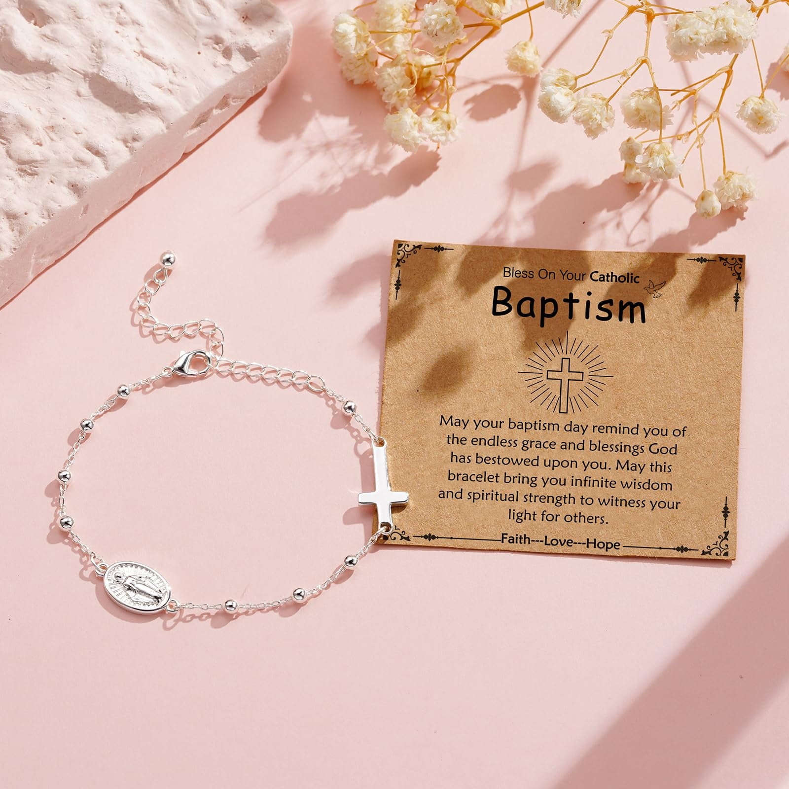 Rosary Beads Virgin Mary Cross Charm Bracelet for Women Kids Girls Teen Daughter Granddaughter Mom Wife Girlfriend Stuff Christian Catholic Jewelry Gifts for Women Girls Age