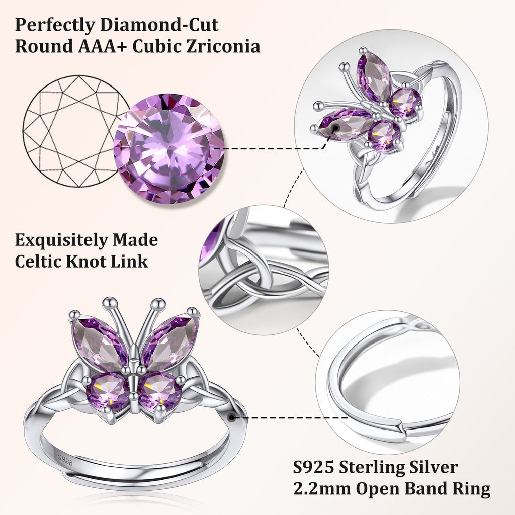 925 Sterling Butterfly Rings, July Ruby Adjustable Open Band Ring Jewelry Valentines Day