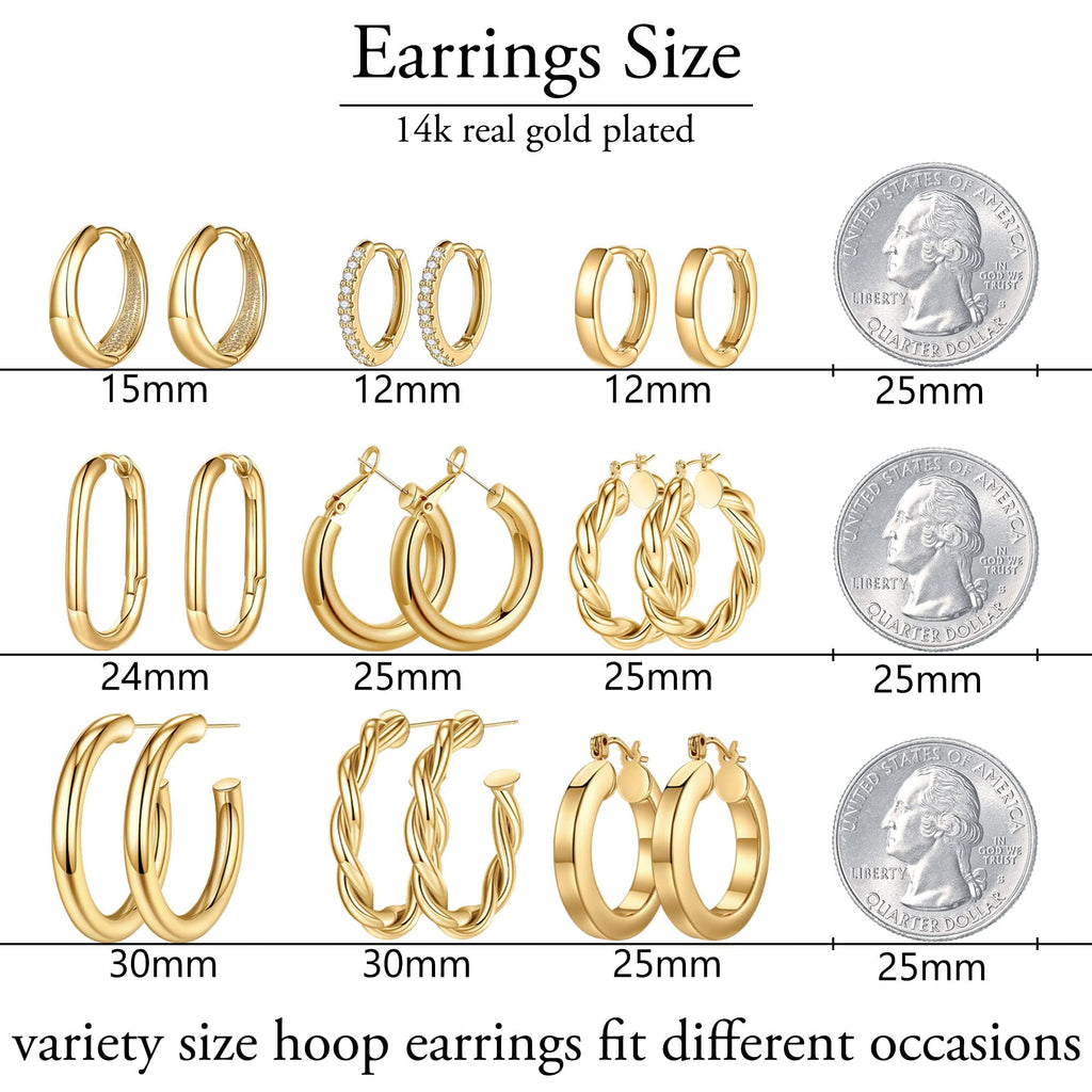 9 Pairs 14K Plated Chunky Twisted Huggie Hoop Earrings Set for Women Waterproof Thick Lightweight Jewelry Trend Easter Gifts for Women Her