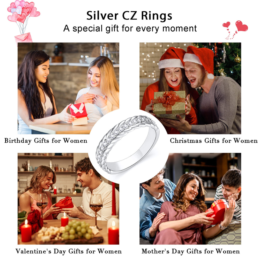 S925 Sterling Plated Rings for Women CZ Eternity Wedding Band Engagement Rings Valentines Jewelry Gifts Her Girlfriend Wife Female Adults Teen Ideas