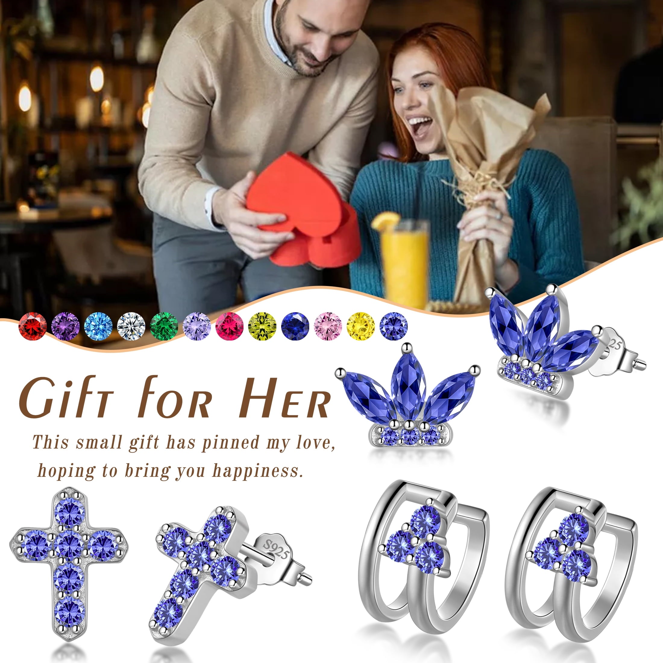3 Pairs 925 Sterling Cross Earrings Set for Women, Flower Studs and Ear Cuffs Jewelry Set for Her