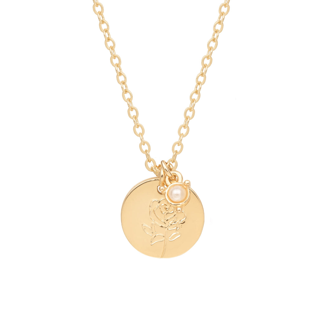 Women’s March Necklace, Tone Chain with Light Azure Stone &amp; Daffodil Flower