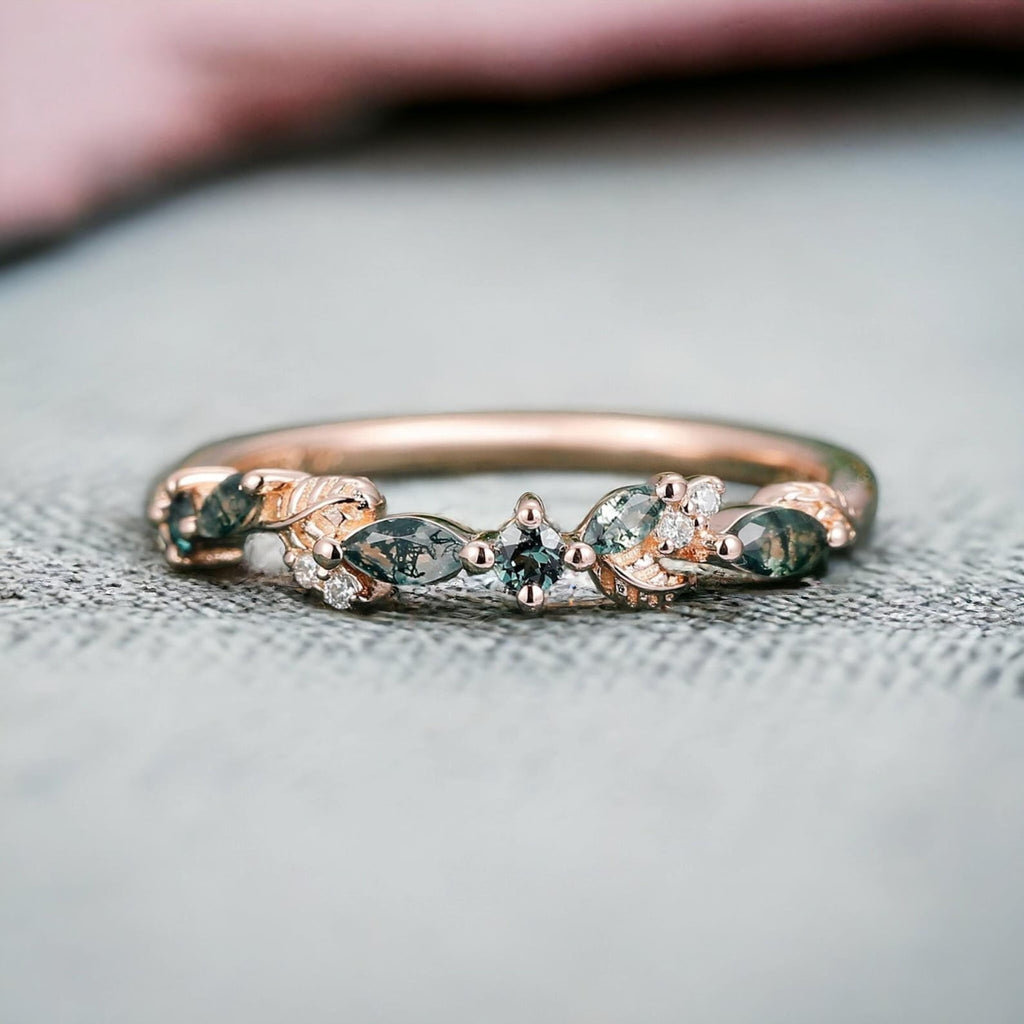 Leaf Vine Moss Agate Wedding Band Marquise Alexandrite, Dainty Ring Bridal Jewelry for Her Rose 11.5